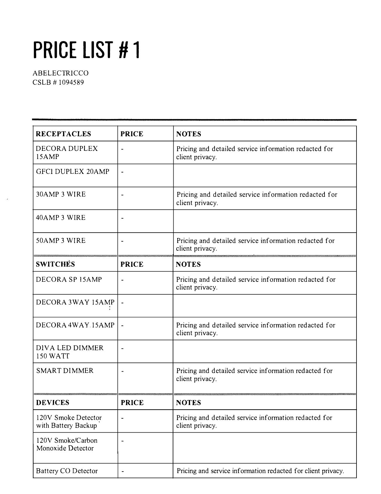 Original price list